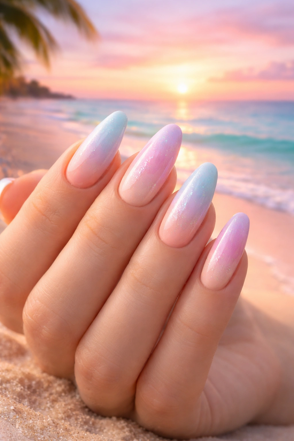 Pastel gradient nails with subtle shimmer on a beachy backdrop