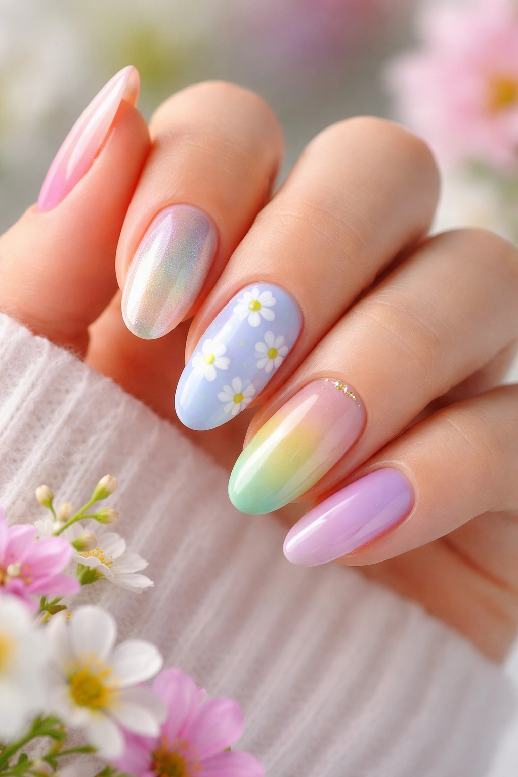 Close-up of hand with pastel gradient nails representing spring nail styles