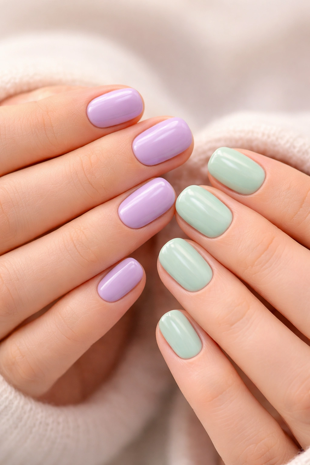 Close-up of lavender and mint pastel nails on short nails.
