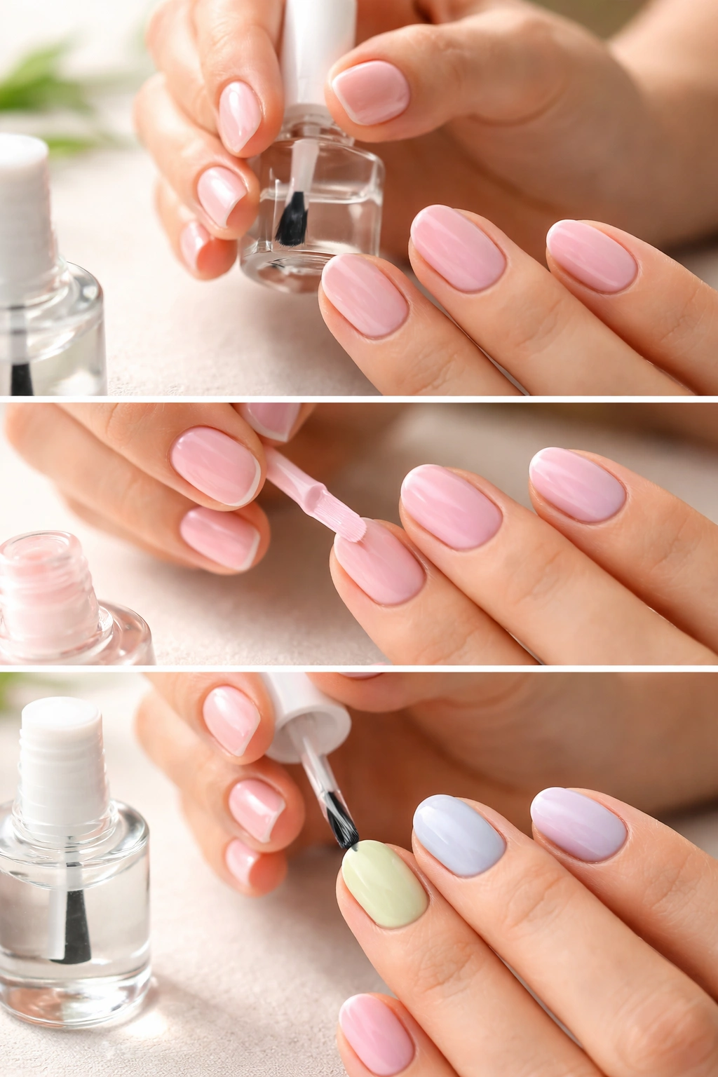 Close-up of hands with long-lasting glossy pastel nails and sealed edges