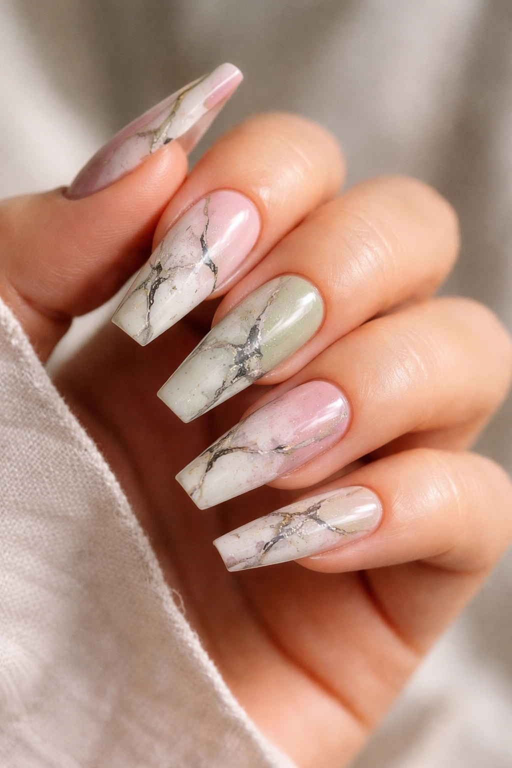 Close-up of pastel marble reverse stiletto nails with irregular veining