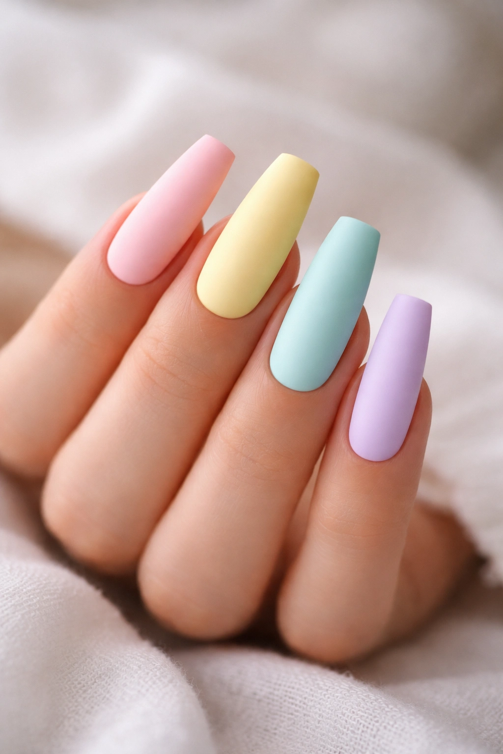 Pastel rainbow coffin nails with matte finish
