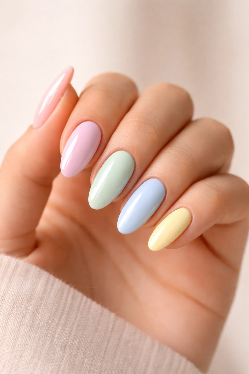 Row of pastel almond nails in different colors on a hand