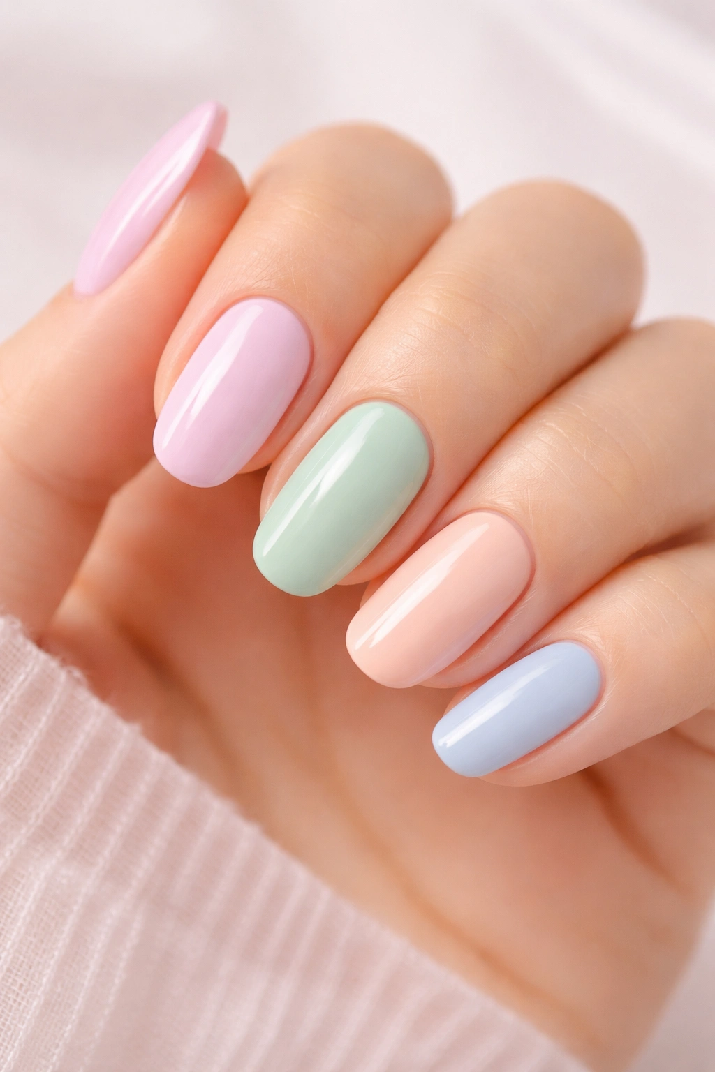 Nails painted in soft pastel colors in a varied palette