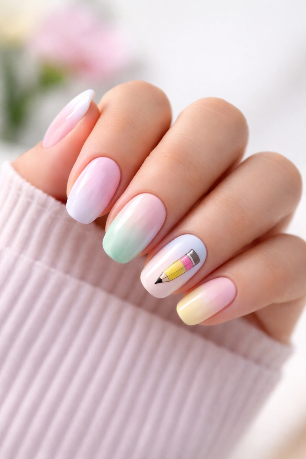 Close-up of pastel gradient nails with a small pencil accent.