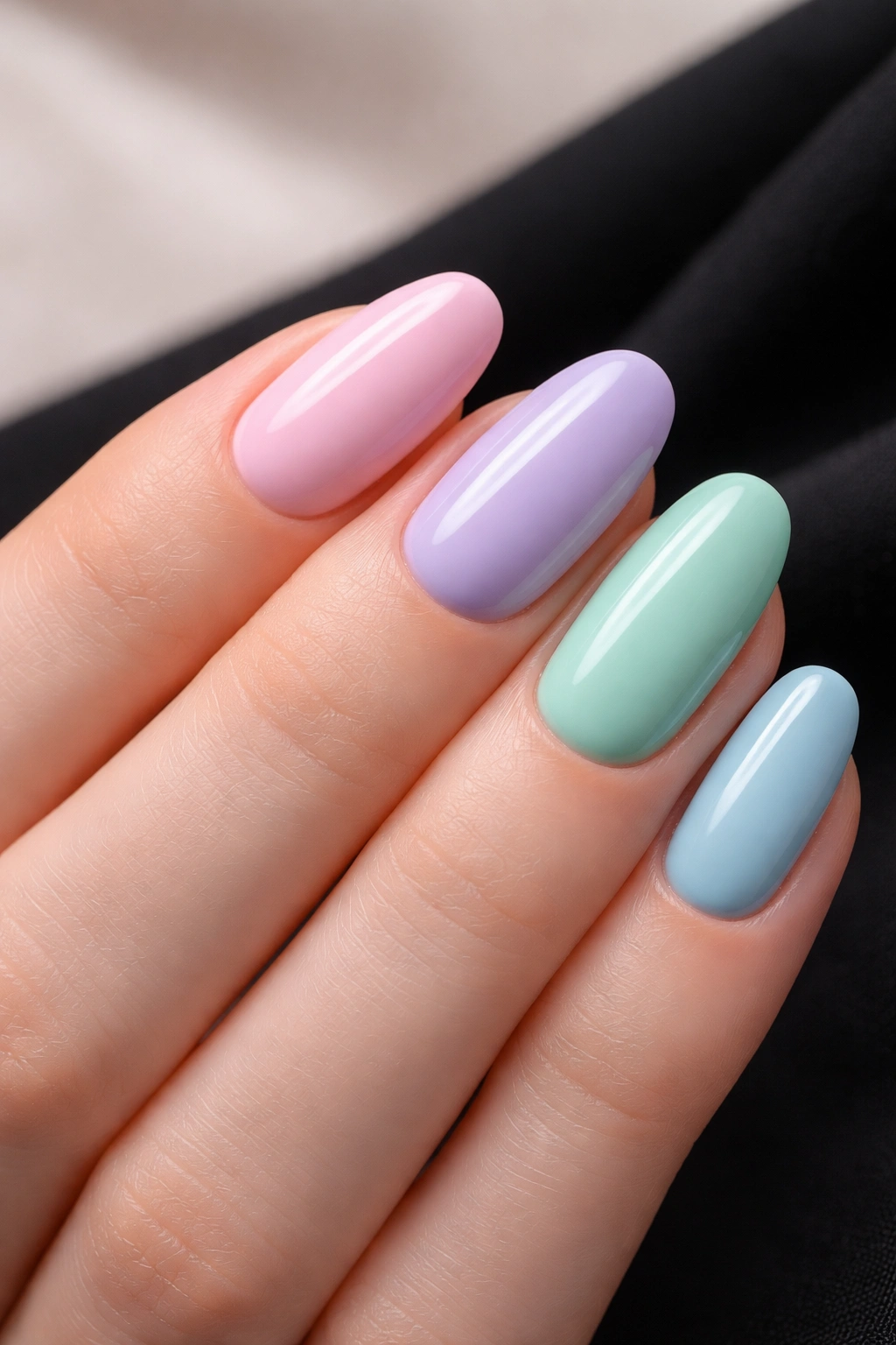 Close-up of pastel nails in soft pink, lavender, mint, and baby blue on a hand