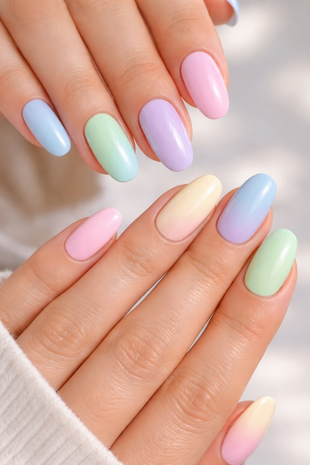 Close-up of pastel rainbow nails on two hands.