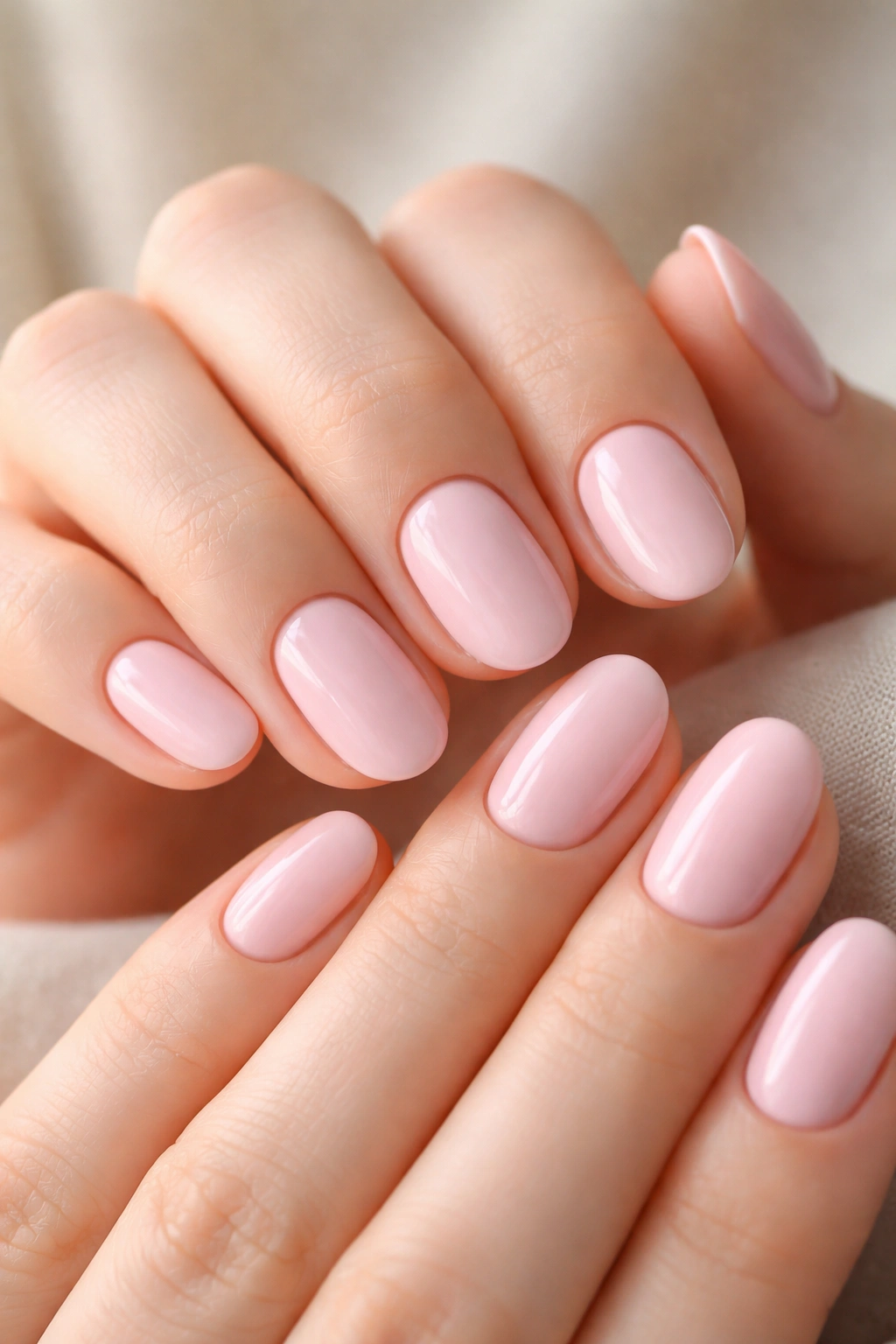 Close-up of hands with short oval nails painted in soft pastel pinks, pristine manicure
