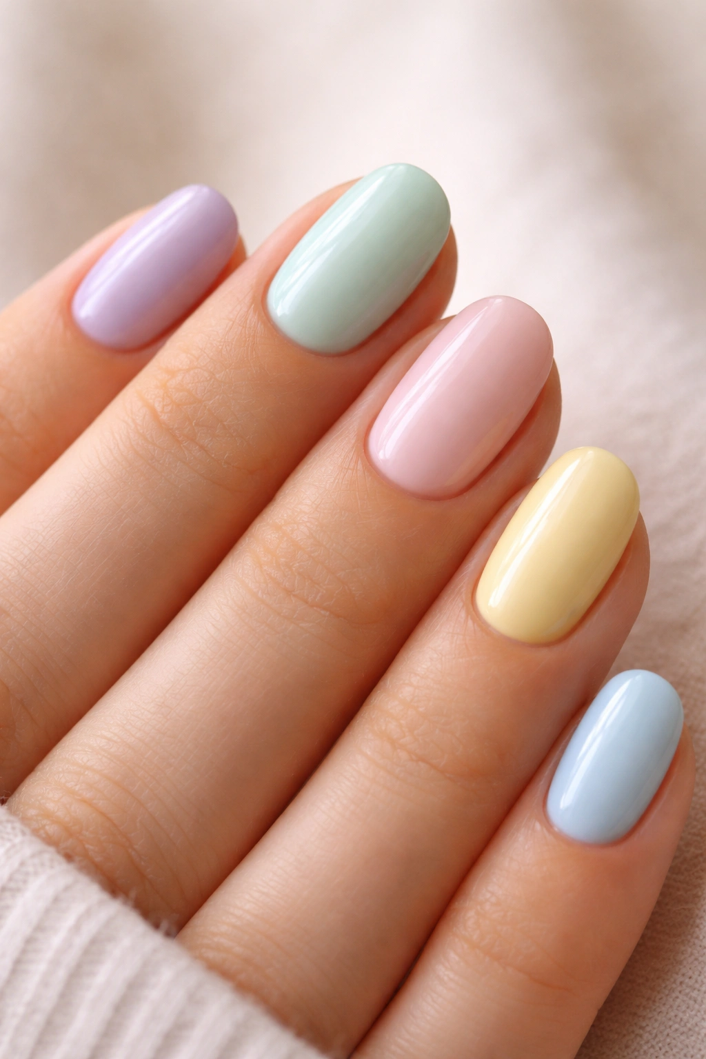 Close-up of short oval nails with a soft pastel color mix on each nail