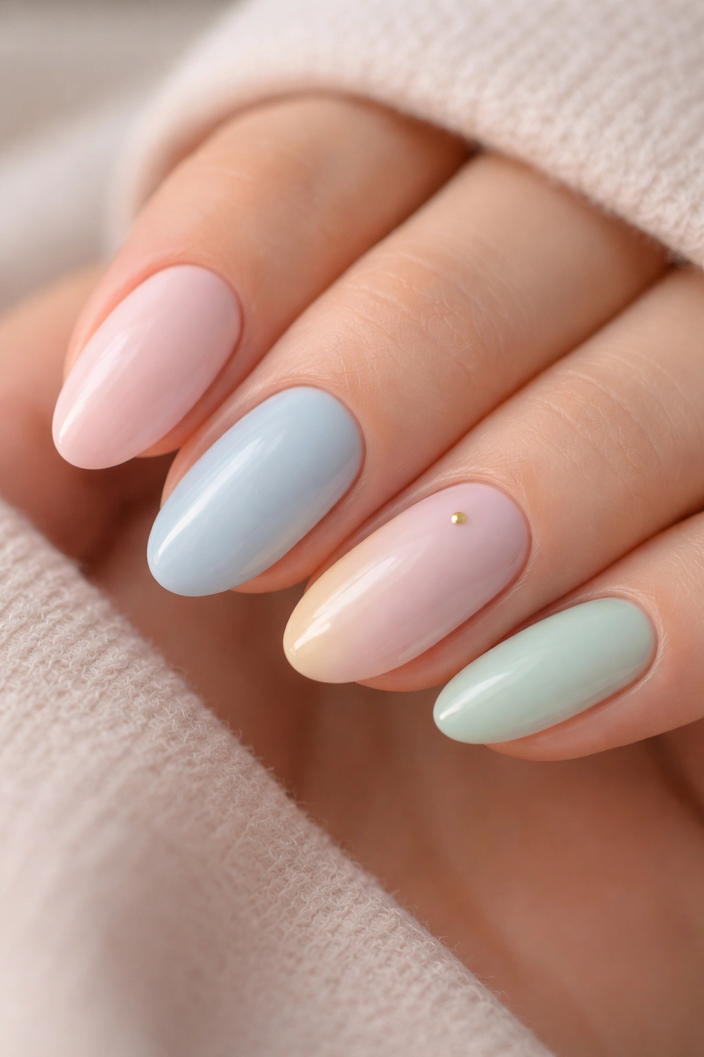 Pastel almond nails with small, minimal nail art