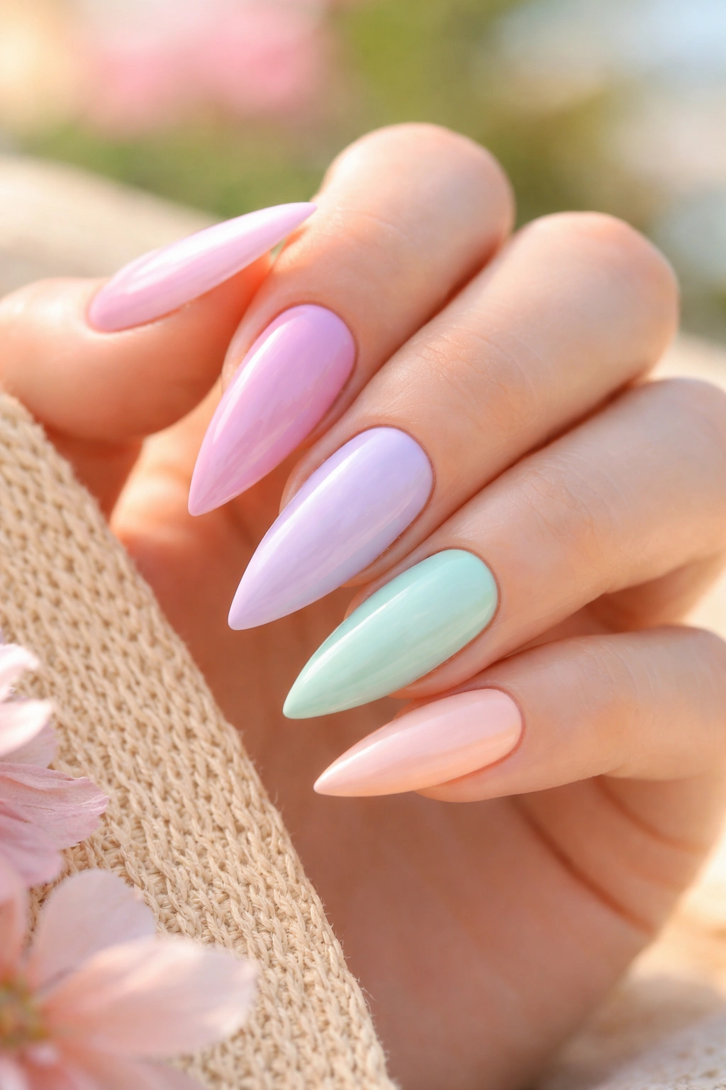 Close-up of pastel stiletto nails in soft pink and lavender tones under natural light