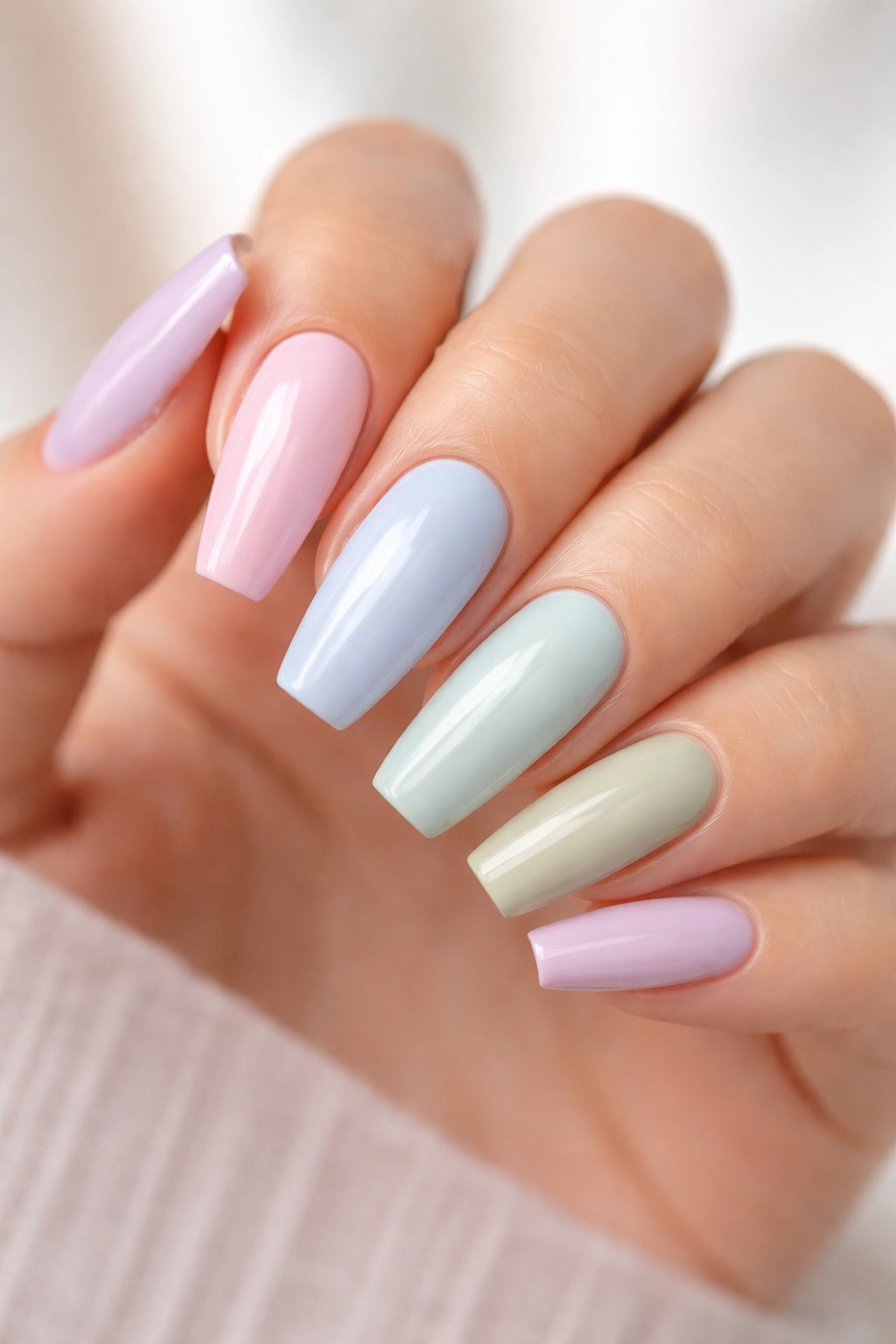 Hand with pastel ballerina nails in multiple undertone colors: lilac, icy rose, baby blue, sage, pistachio, dusty lavender.