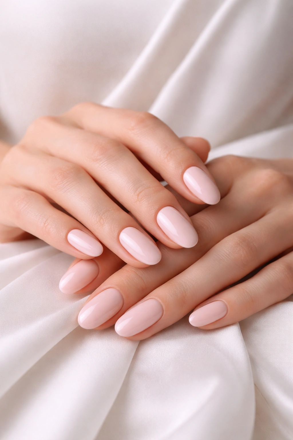 Close-up of pale pink nails on white dress fabric