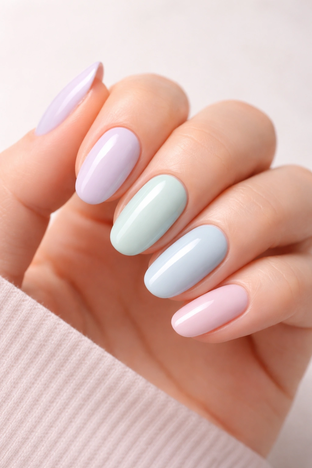 Close-up of hand with pastel nails in multiple soft colors against a neutral backdrop