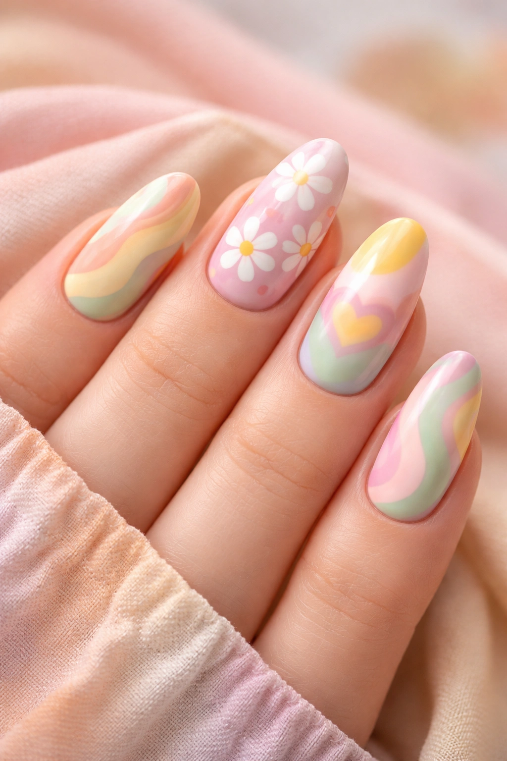 Pastel nails blending 70s and 90s nostalgia
