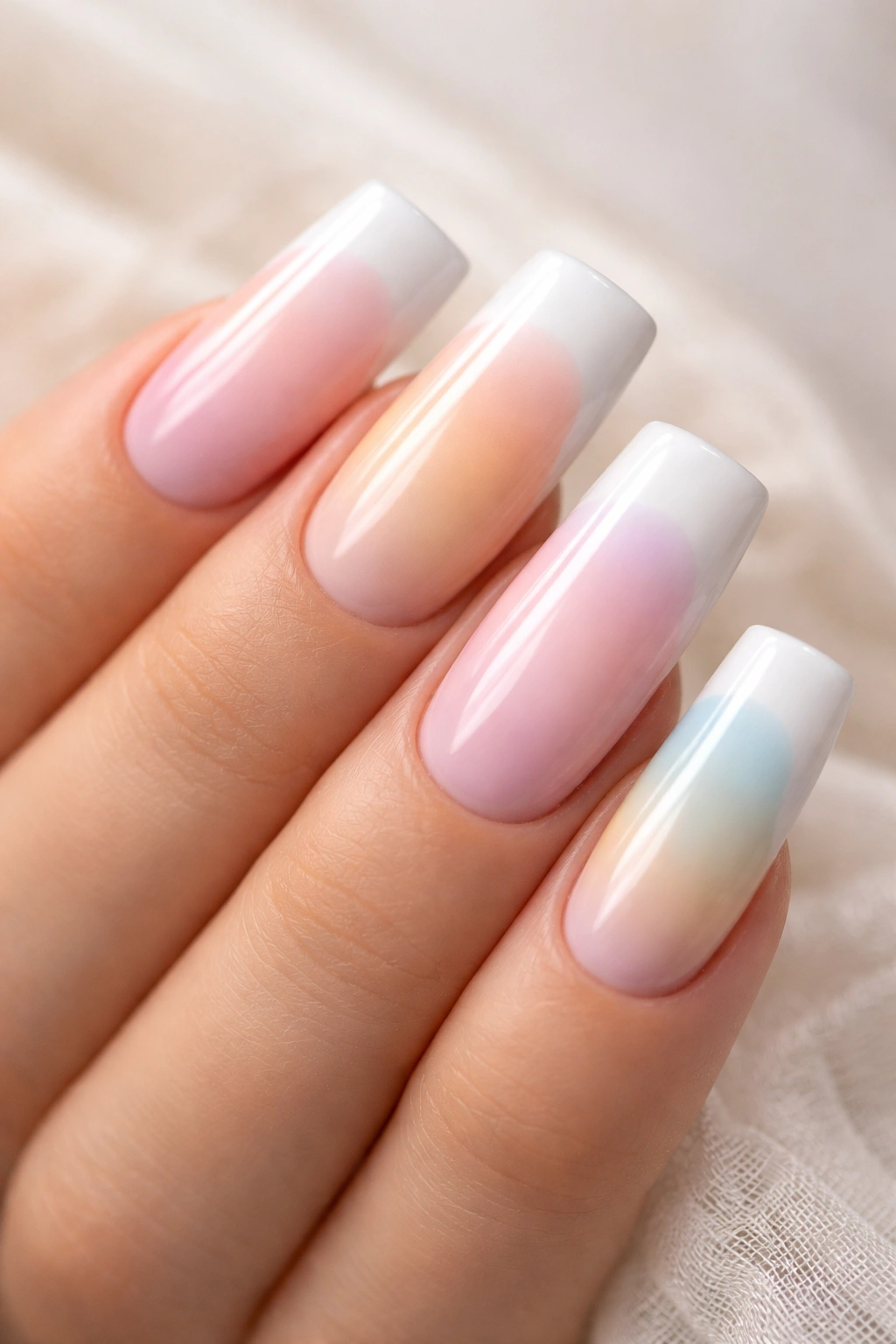 Close-up of pastel ombre duck nails transitioning to white tips