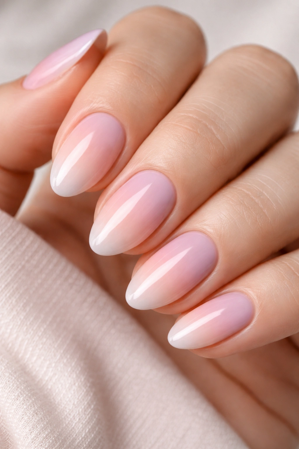 Close-up of short almond nails with a soft pastel ombré gradient.