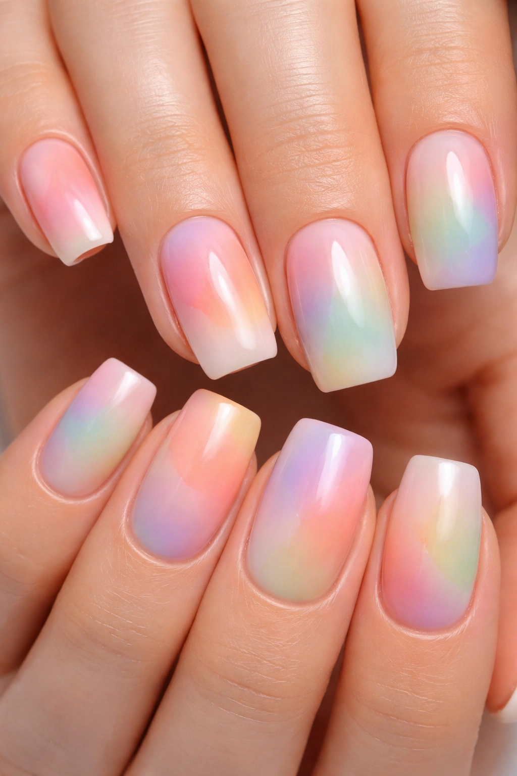 Close-up of pastel patchwork nails on soft square tips with pink, peach, lavender, and mint colors.