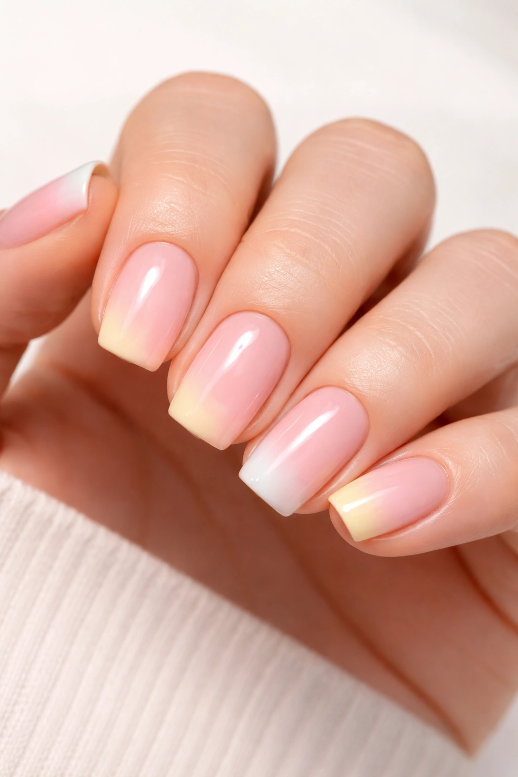 Short squoval nails with pastel ombre gradient in pink peach yellow