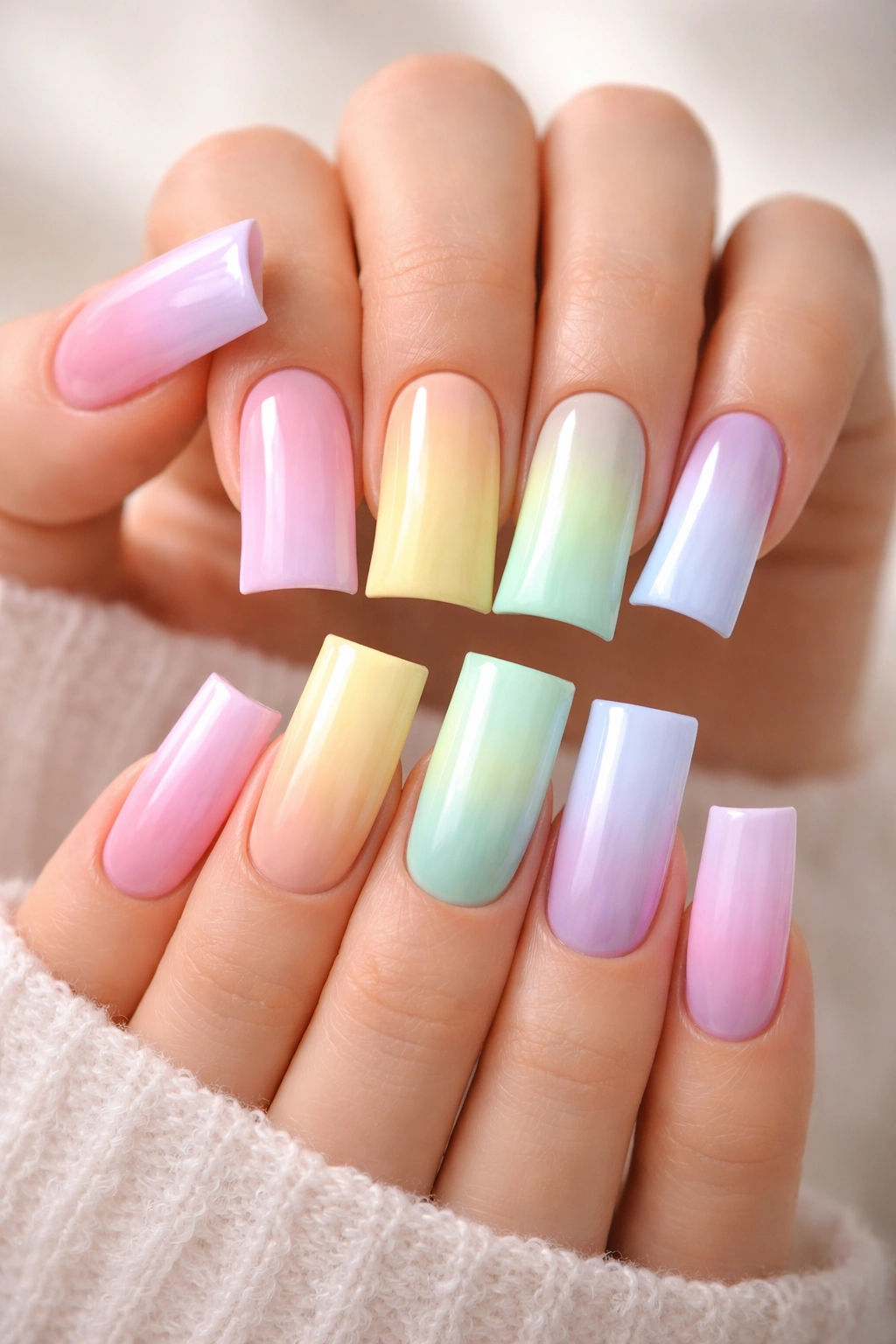 Close-up of ten curved duck nails in pastel ombré rainbow across a hand