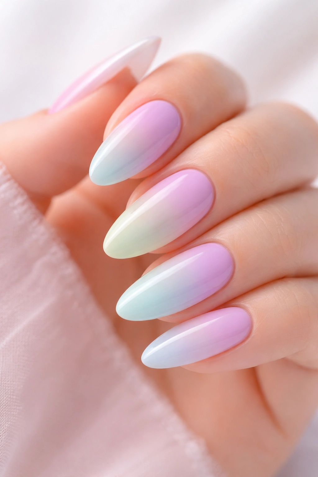 Close-up of pastel ombre nails with multiple soft colors