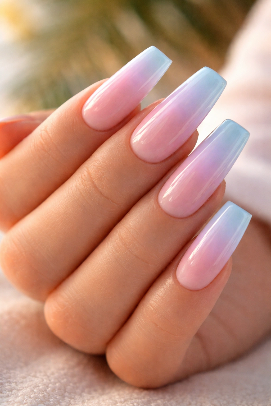 Close-up of pastel ombré duck nails with pink to lavender to blue gradient
