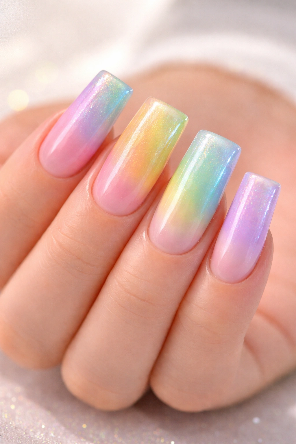 Close-up of duck nails with pastel rainbow ombré and iridescent topcoat