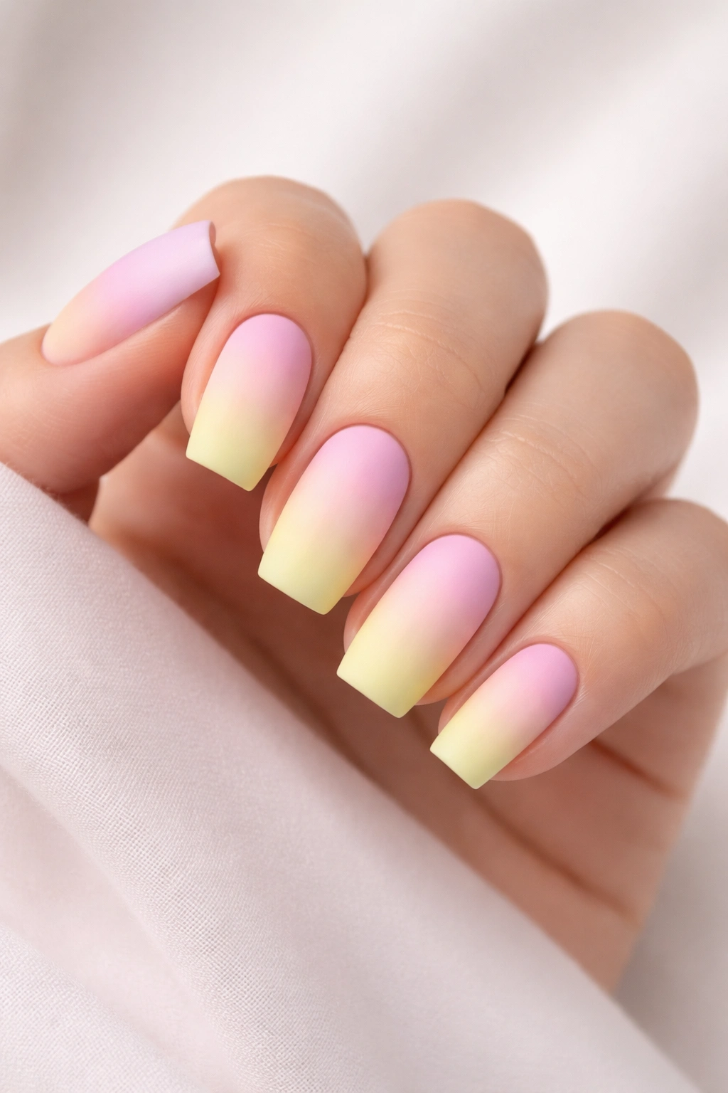 Close-up of short coffin nails with a pastel ombré matte finish