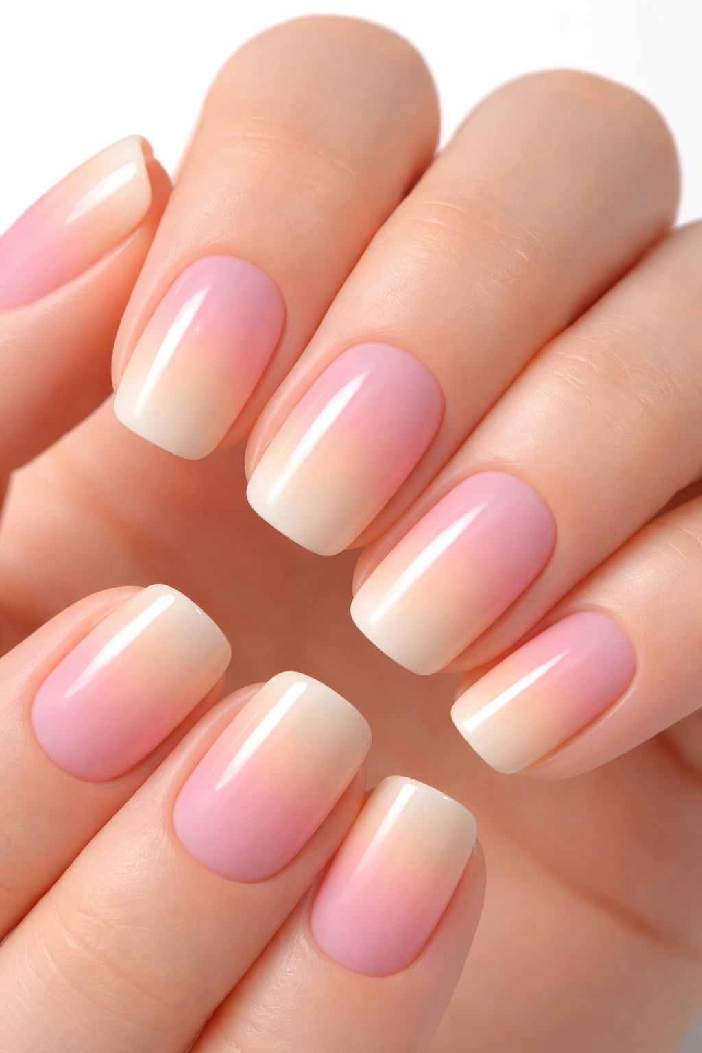 Short squoval nails with a pastel ombre gradient from pink to peach