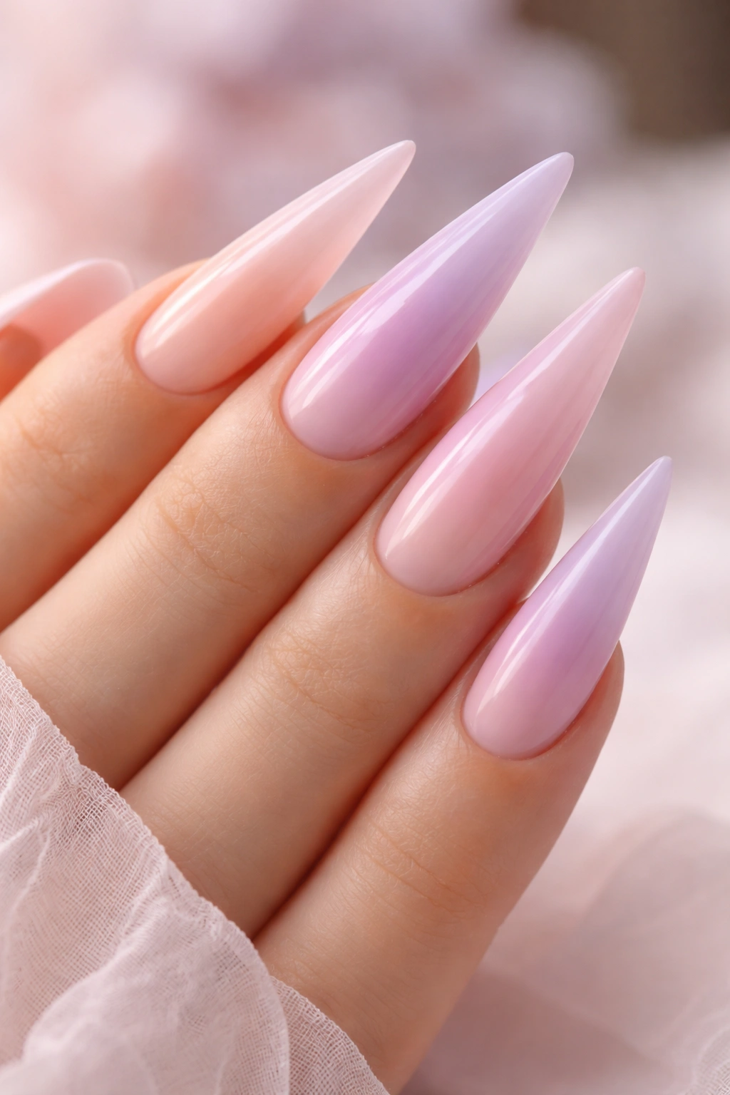 Close-up of pastel ombre stiletto nails with peach to lavender to pink gradient.