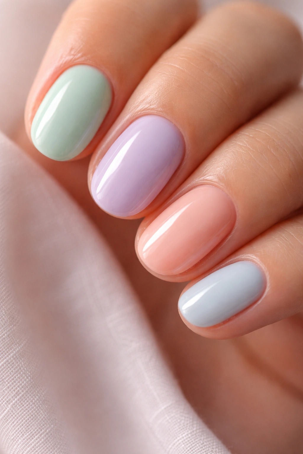 Close-up of soft pastel short oval builder gel nails in mint, lavender, peach, and pale blue