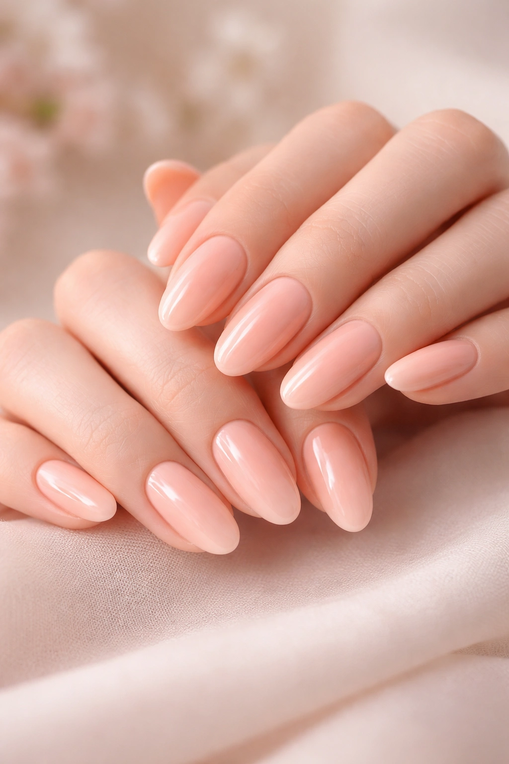 Close-up of pastel peach nails in a soft spring manicure with a neutral background