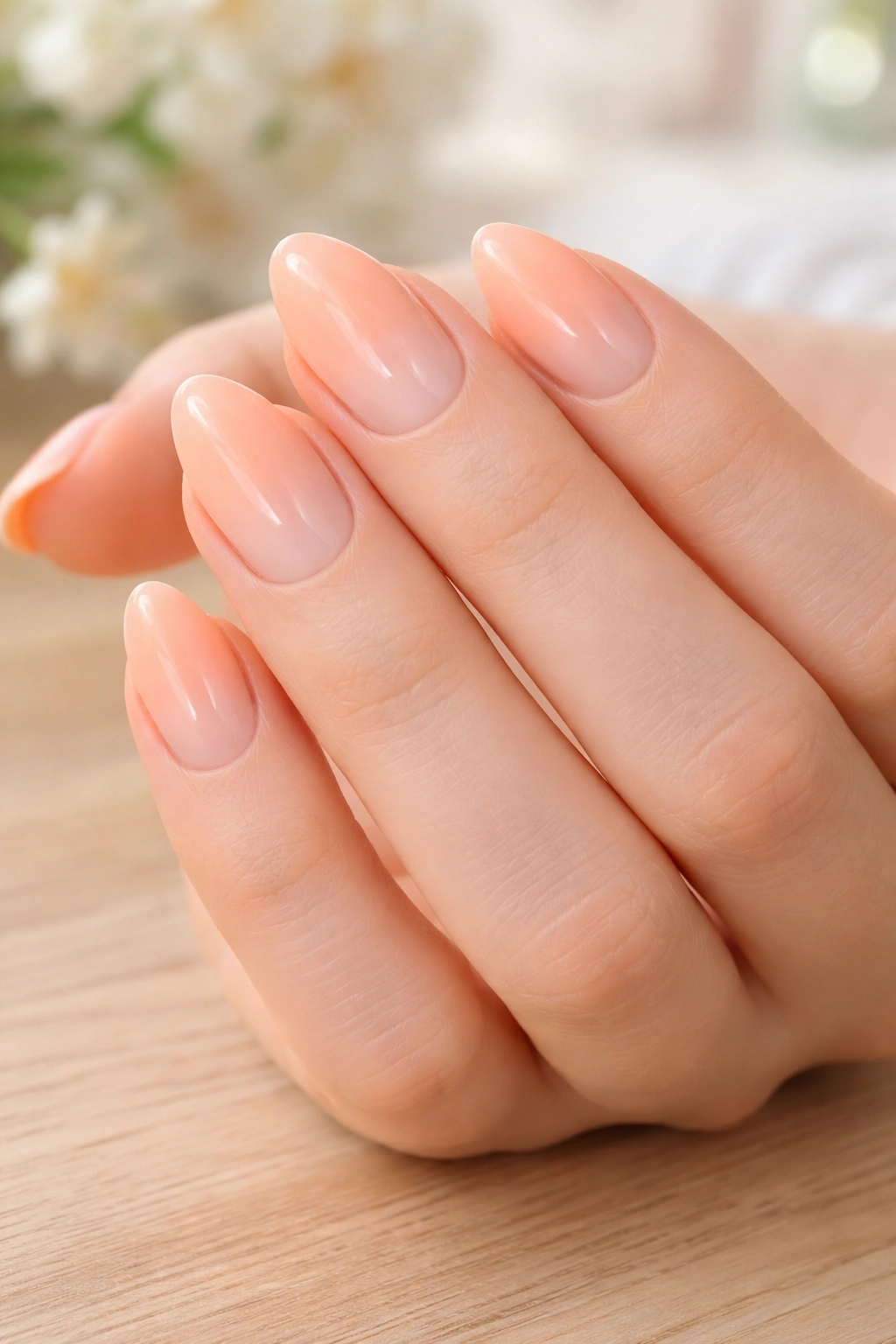 Almond nails with pastel peach ombré gradient from base to tip