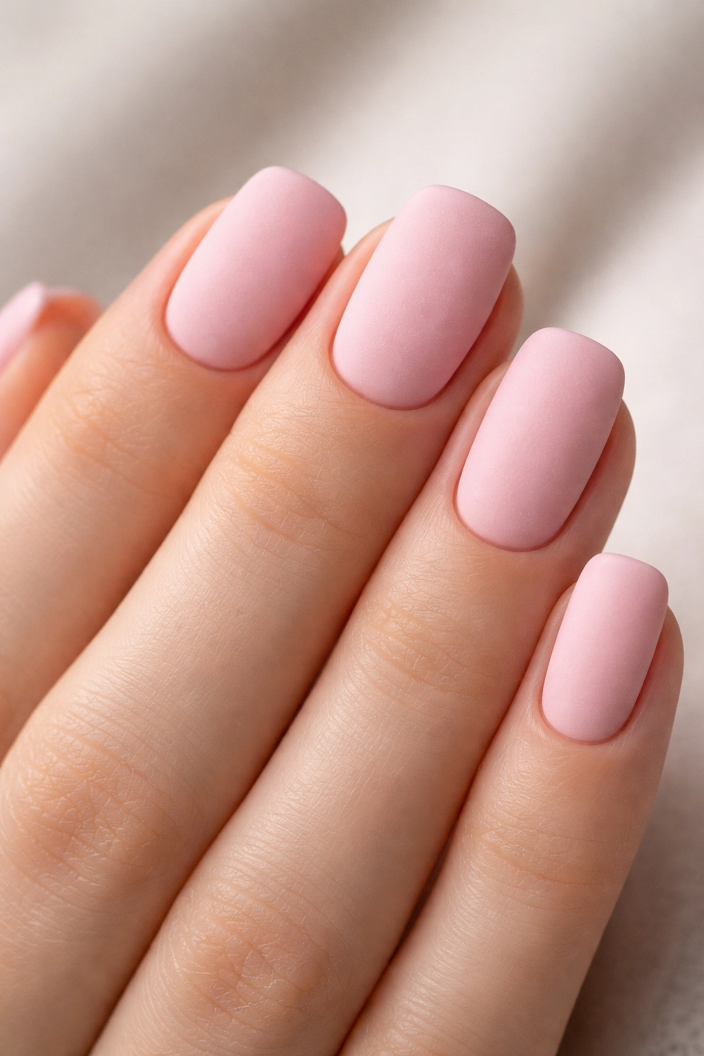 Close-up of matte pastel pink nails on all fingers showing velvety finish