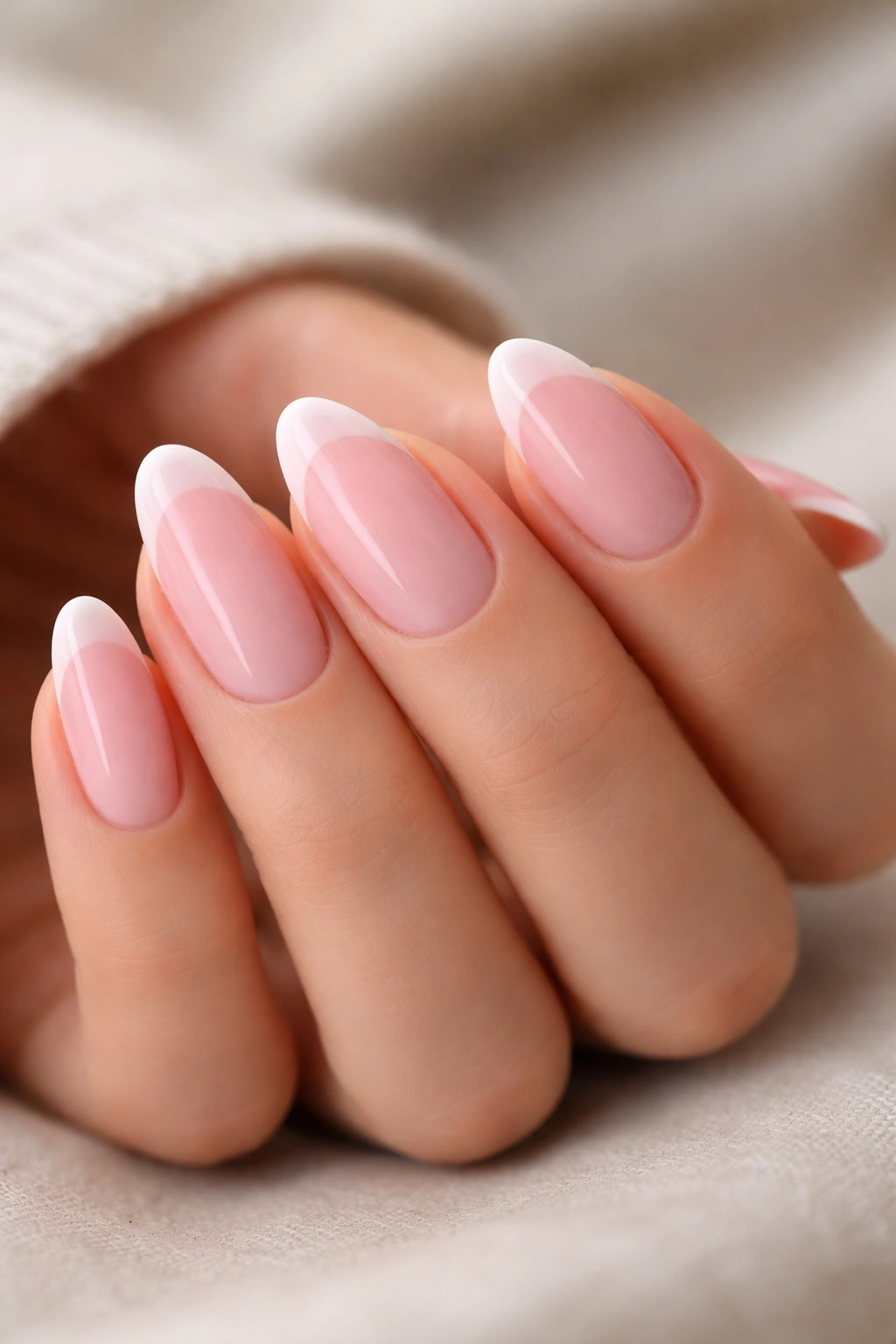 Almond nails with creamy pastel pink tips