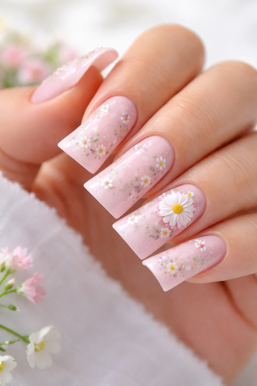 Close-up of pastel pink duck nails with tiny hand-painted floral art on a clean background
