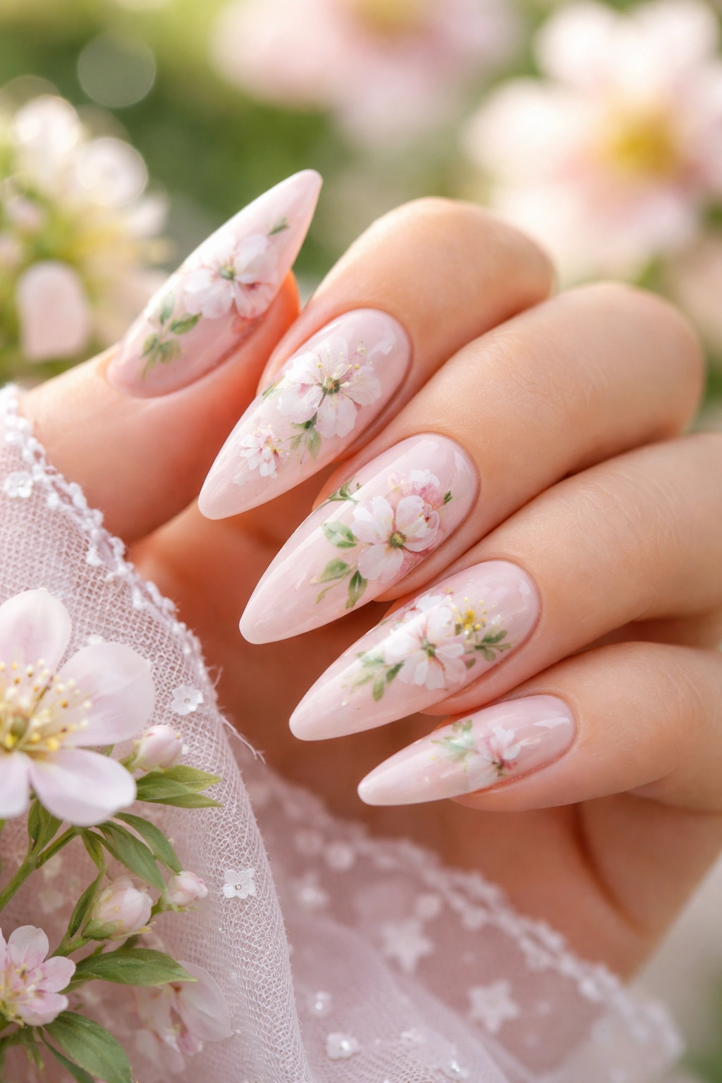 Close-up of pastel pink stiletto nails with watercolor florals