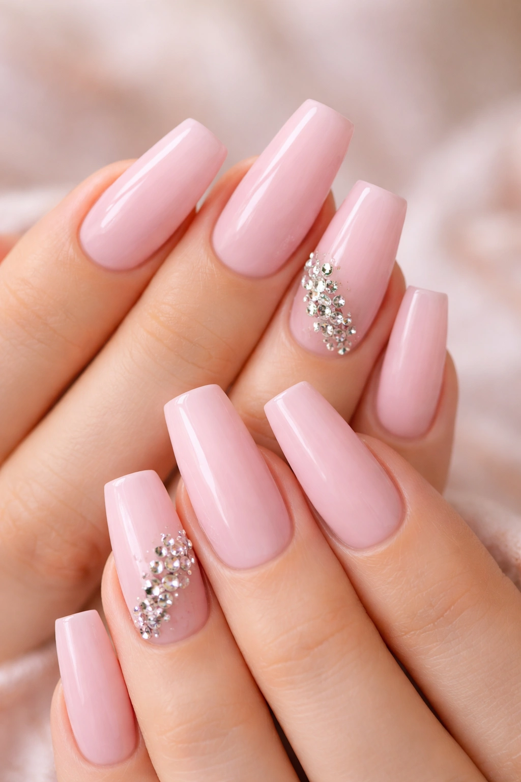 Close-up of pastel pink coffin nails with gem accents
