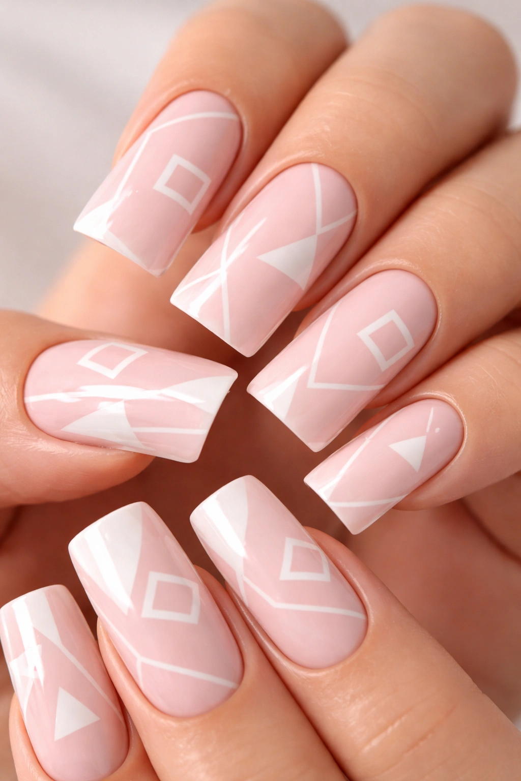 Close-up of duck nails with pastel pink base and white geometric shapes