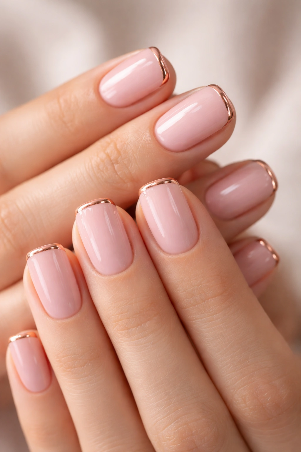 Close-up of squoval nails with pastel pink and rose-gold metallic tips.