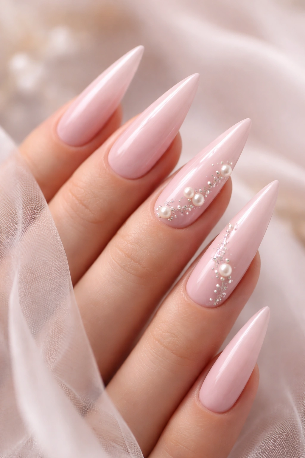Pastel pink stiletto nails with pearl accents