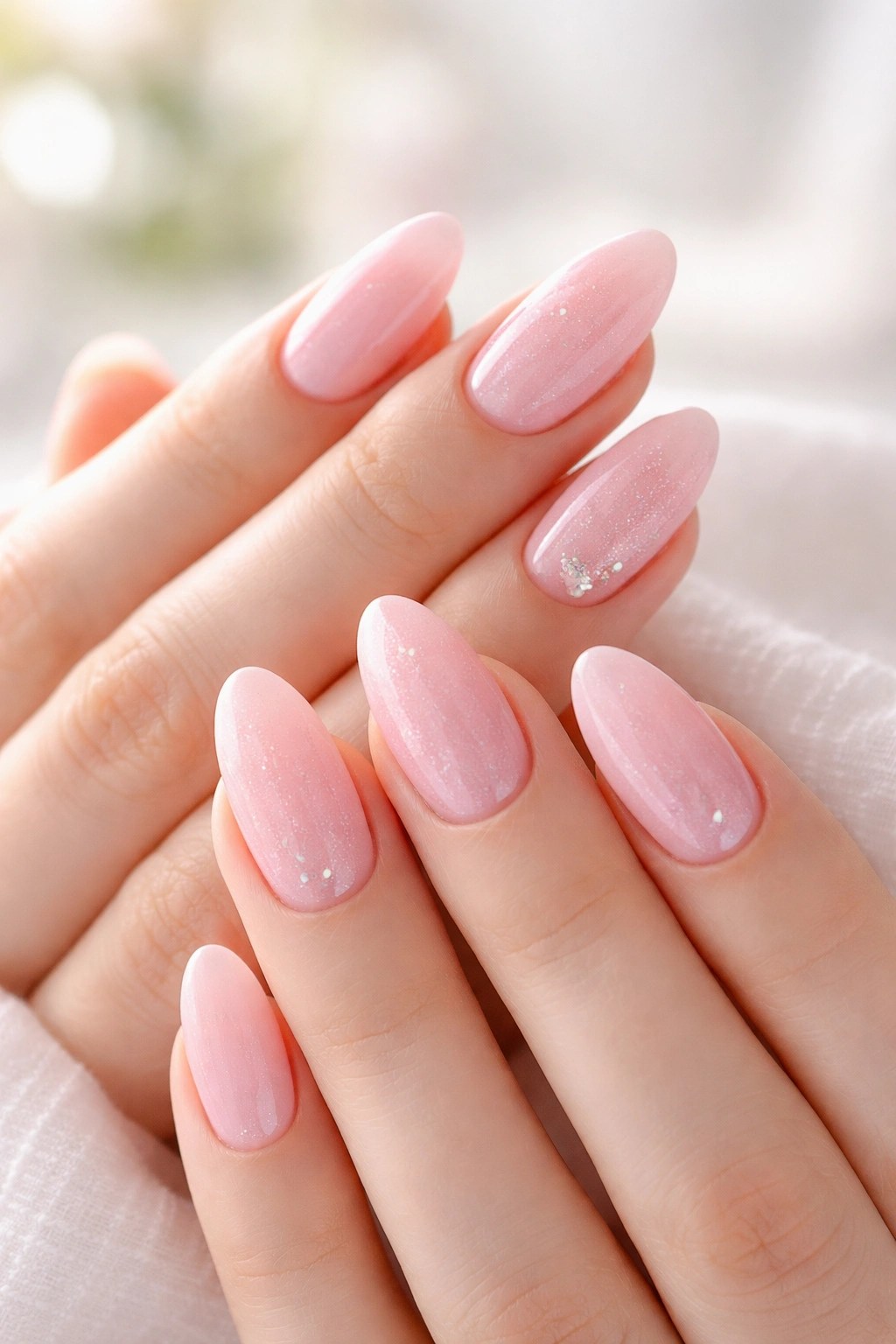 Close-up of pastel pink nails with subtle shimmer on almond-shaped nails