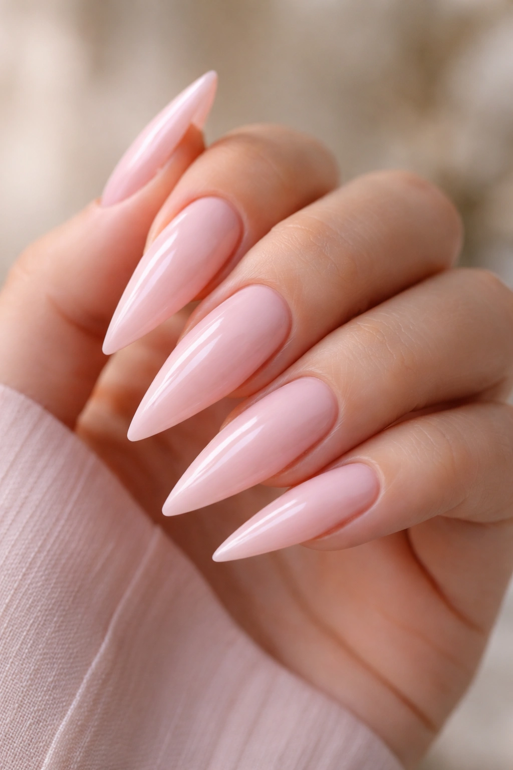 Close-up of pastel pink stiletto nails on a hand