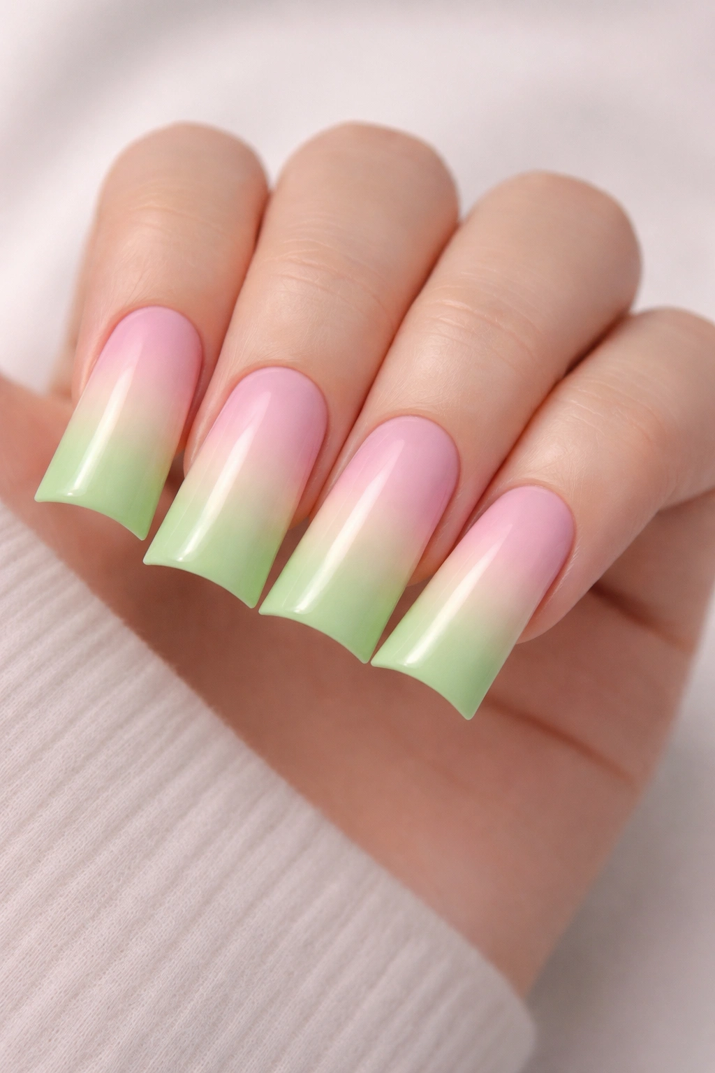 Close-up of duck nails with pink to pistachio green ombre