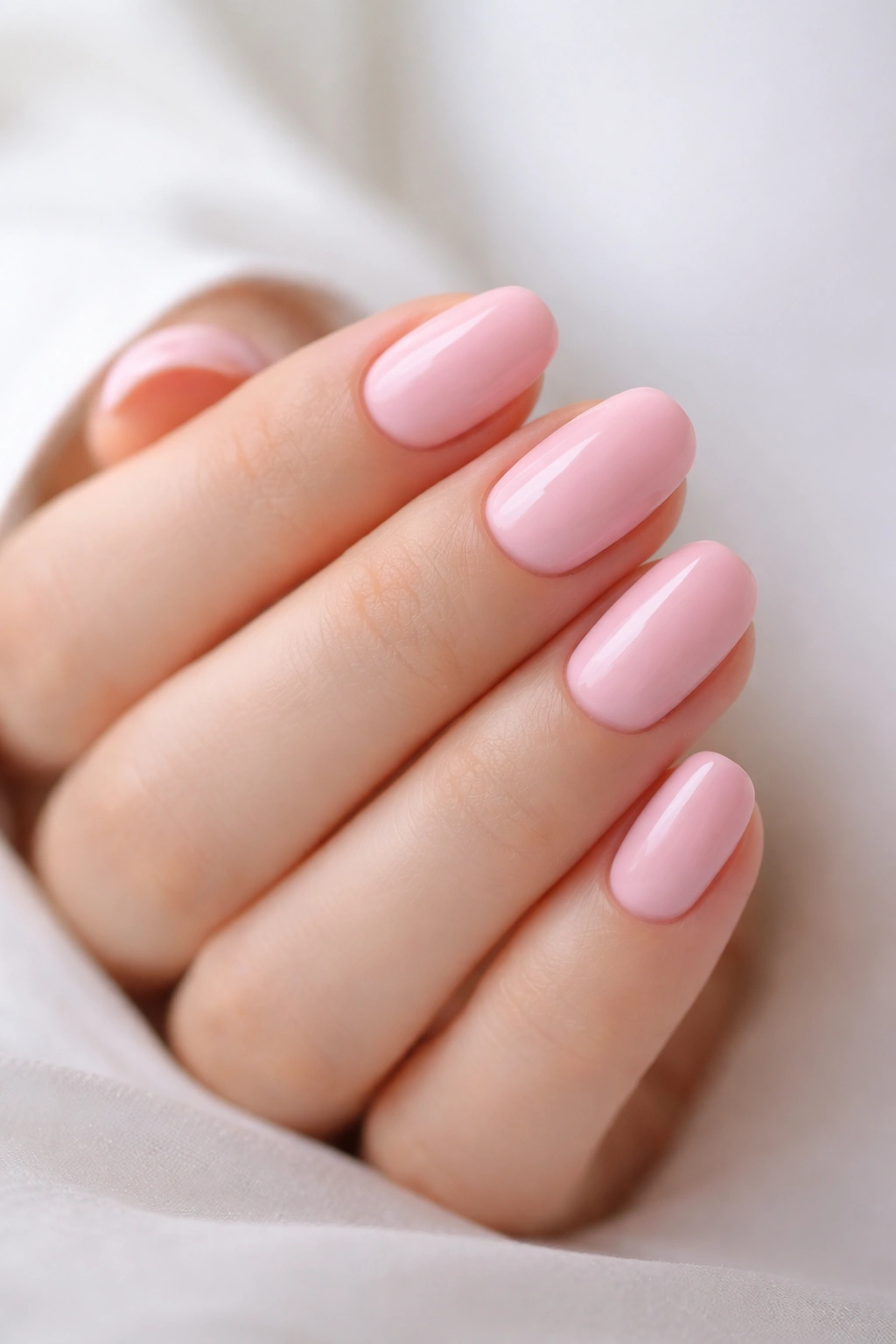 Pastel pink short oval nails with rounded edges