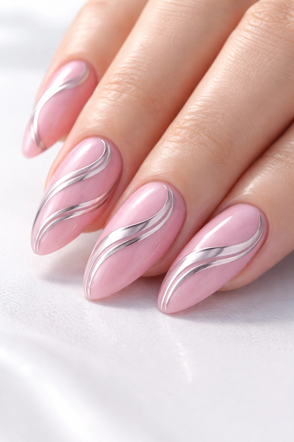 Close-up of pastel pink nails with metallic chrome swirls on a clean background
