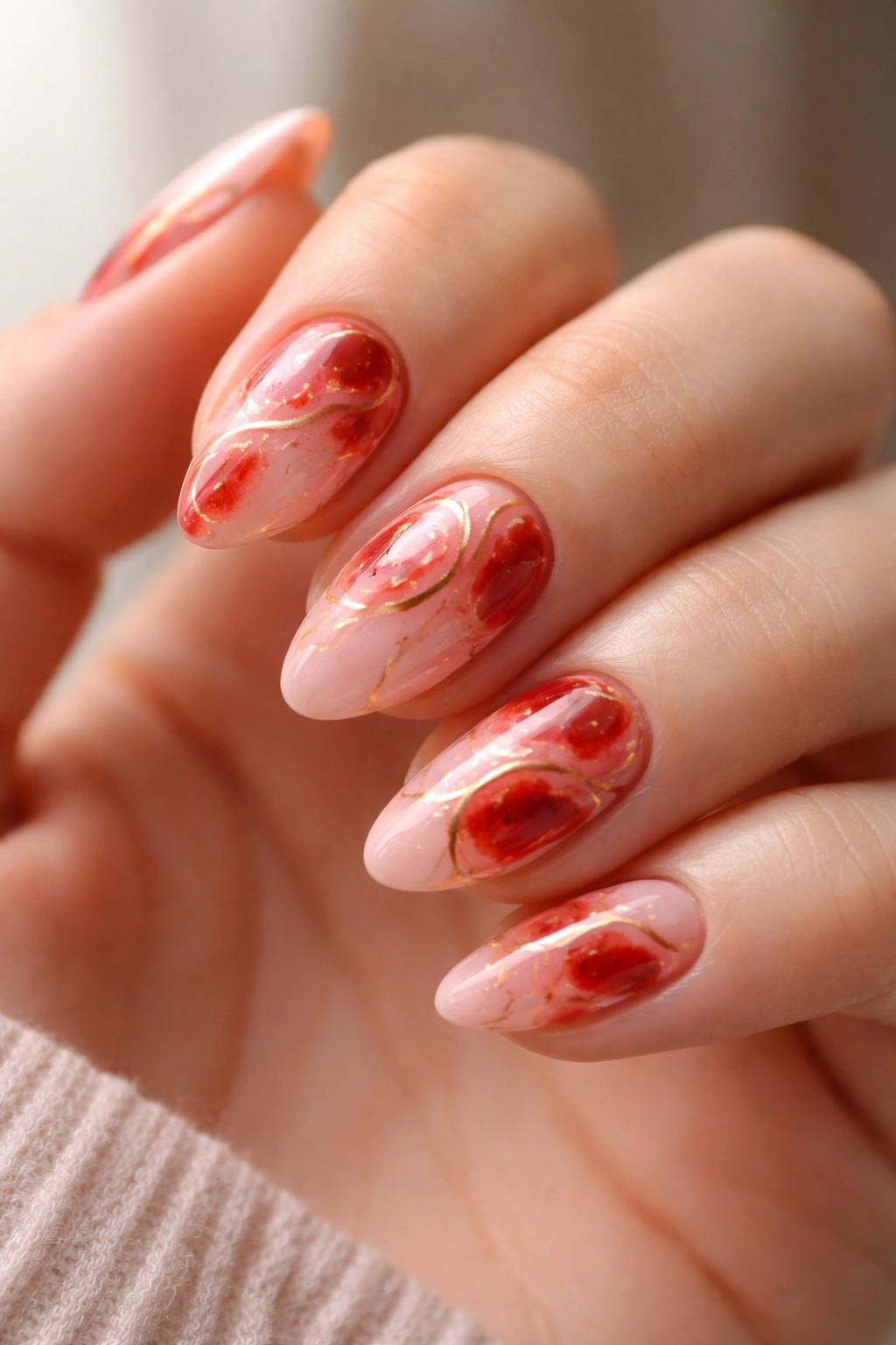 Close-up of pastel pink nails with red tortoiseshell swirls on short almond nails