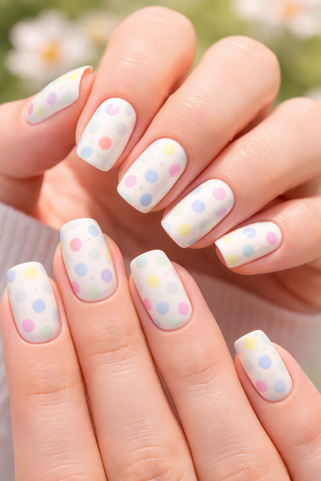 Pastel polka dot nails on cream base in soft pink, lavender, mint, yellow, and blue
