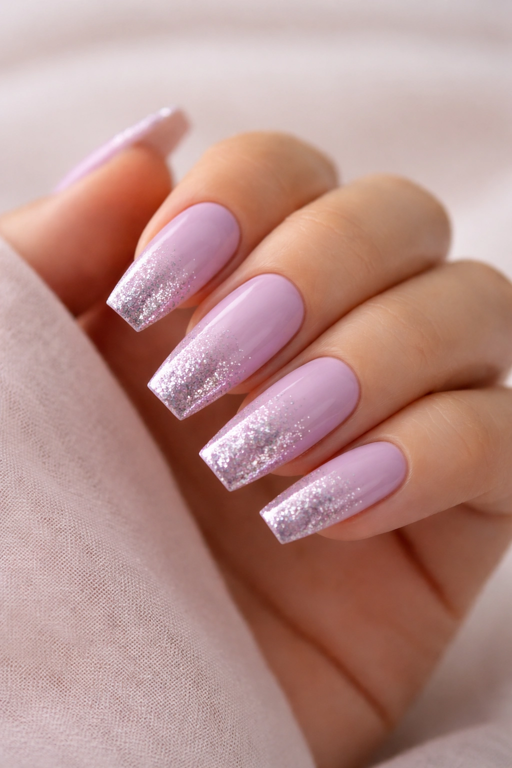 Close-up of pastel purple coffin nails with glitter fade at tips
