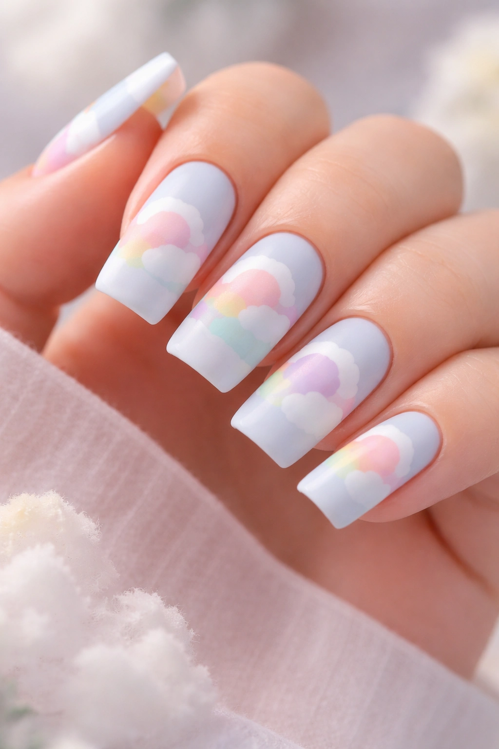 Duck nails with pastel rainbow clouds on pale blue base, soft dreamy look